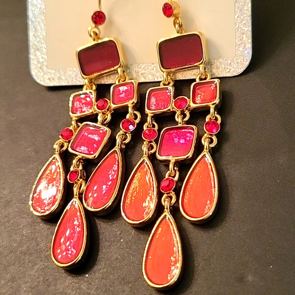 NEW Chandelier Earrings, Red & Gold, Enamel & Crystals, Le Chateau - Picture 9 of 9